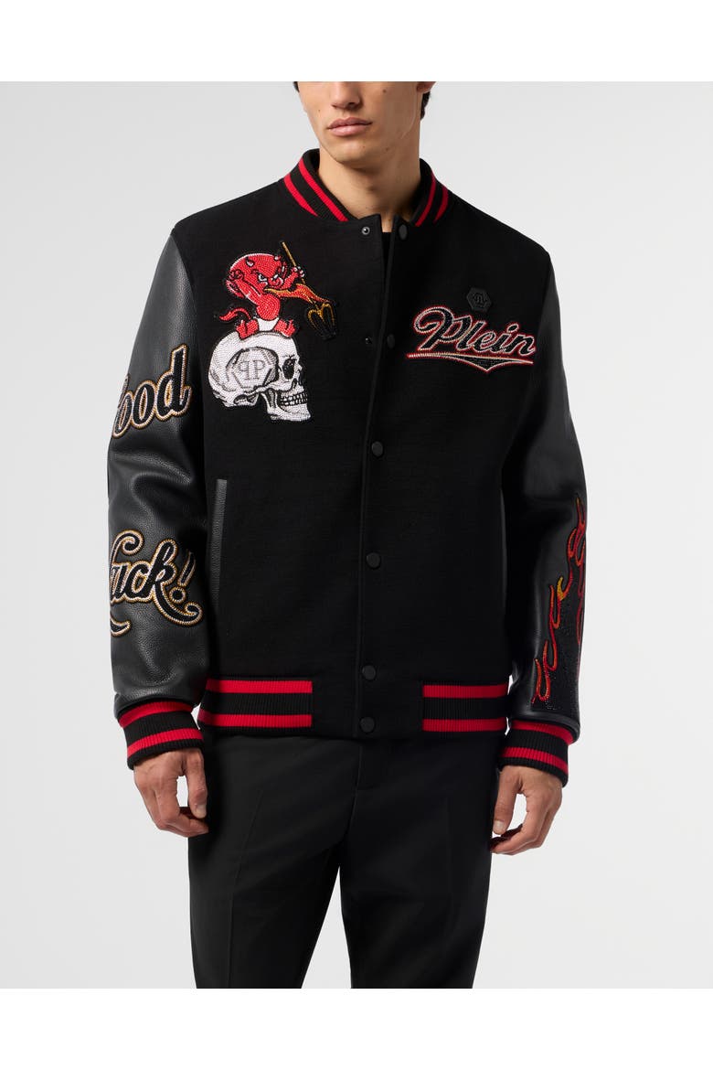 Varsity Bomber With Leather Sleeves Devil Skull Men, Main, color, black