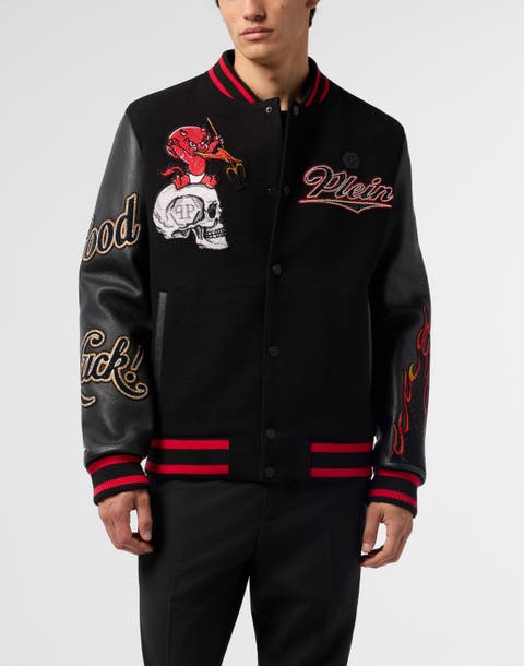 Varsity Bomber With Leather Sleeves Devil Skull Men