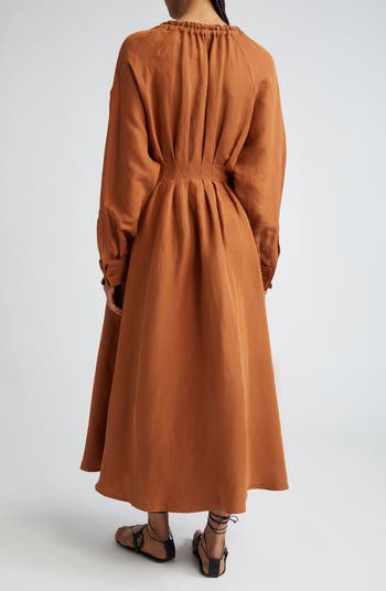 Max Mara Drina Pleated Waist Long Sleeve Linen & Silk Dress