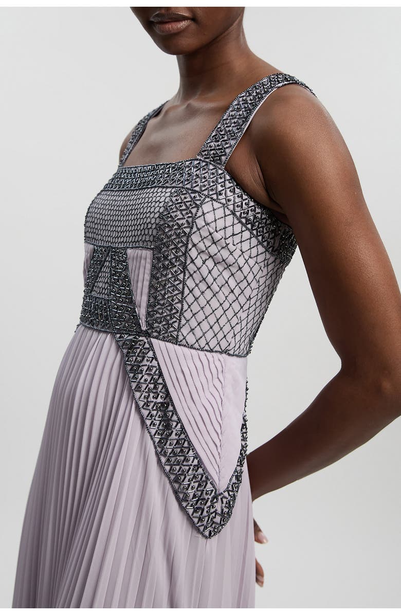 Karen Millen Embellished Pleated Woven Midi Dress, Alternate, color, Lilac