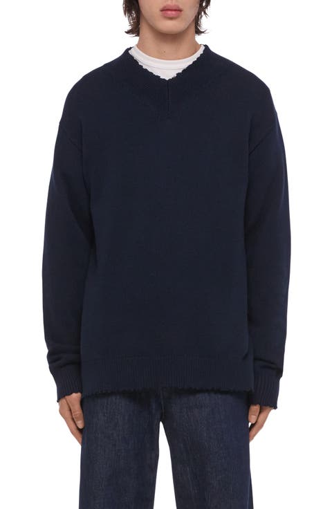 Distressed V-Neck Cotton Sweater