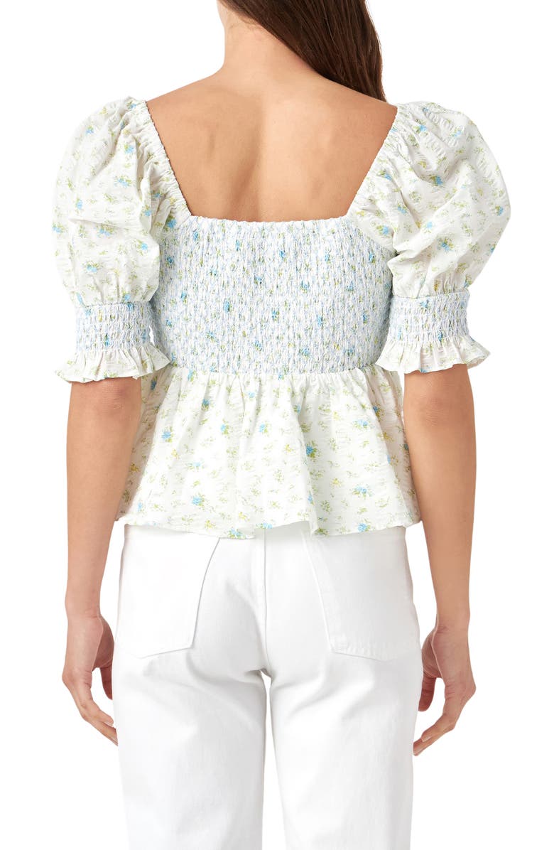 English Factory Floral Print Puff Sleeve Peplum Blouse, Alternate, color, Blue Multi