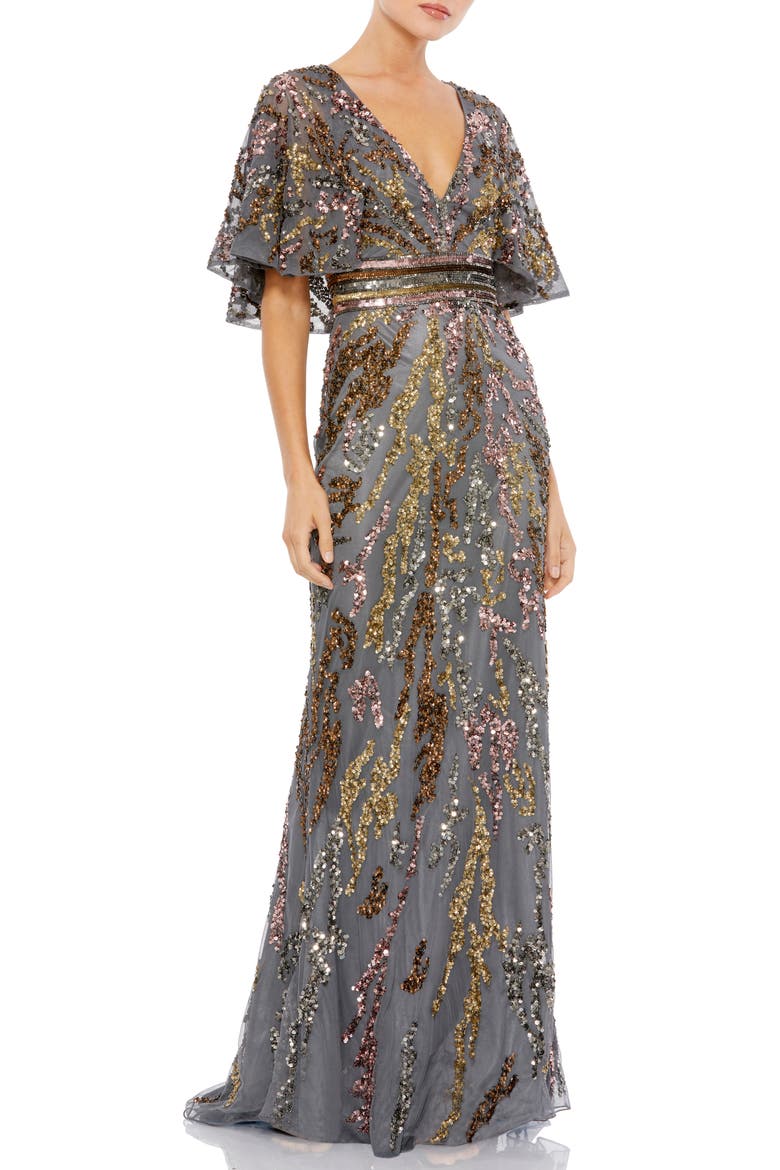 Sequin Capelet Mesh Gown, Main, color, CHARCOAL