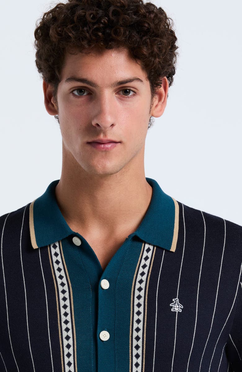 Original Penguin Stripe Jacquard Button-Up Polo, Alternate, color, Dark Sapphire