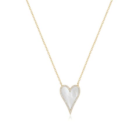 Elongated Mother of Pearl CZ Halo Heart Necklace