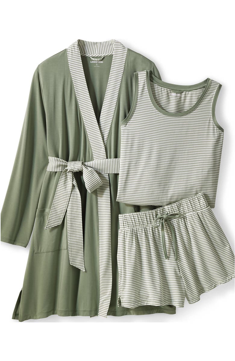 Lands' End Cooling 3 Piece Pajama Set - Robe Tank and Shorts, Alternate, color, Sage Mini Stripe