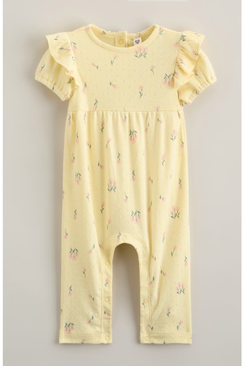 Floral Print Pointelle Romper, Main, color, YELLOW CLOVER DANDELIONS
