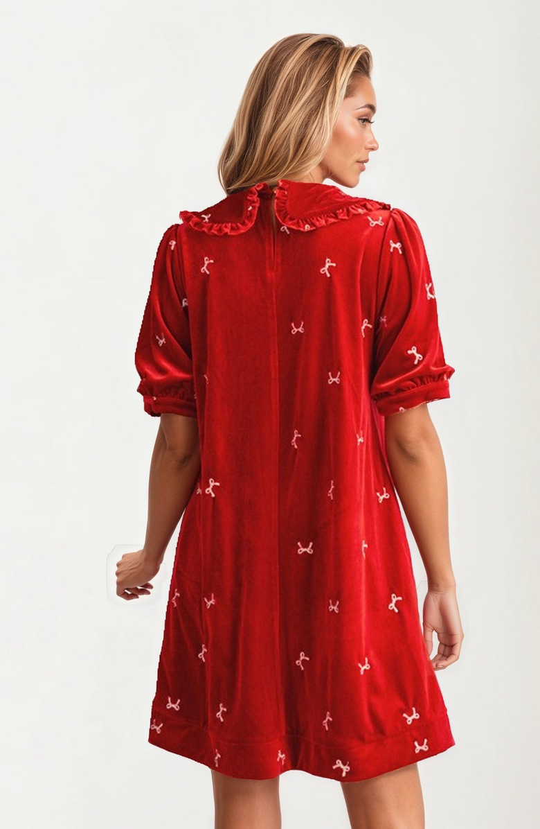 Knit and Lounge Velvet Mini Dress with Embroidered Details and Peter Pan Collar, Alternate, color,