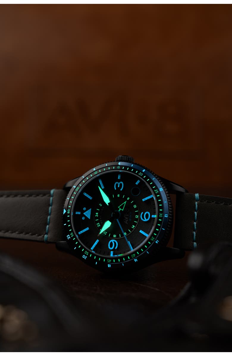 AVI-8 Flyboy Airmaster GMT Leather Strap Watch, 40mm, Alternate, color, Grey