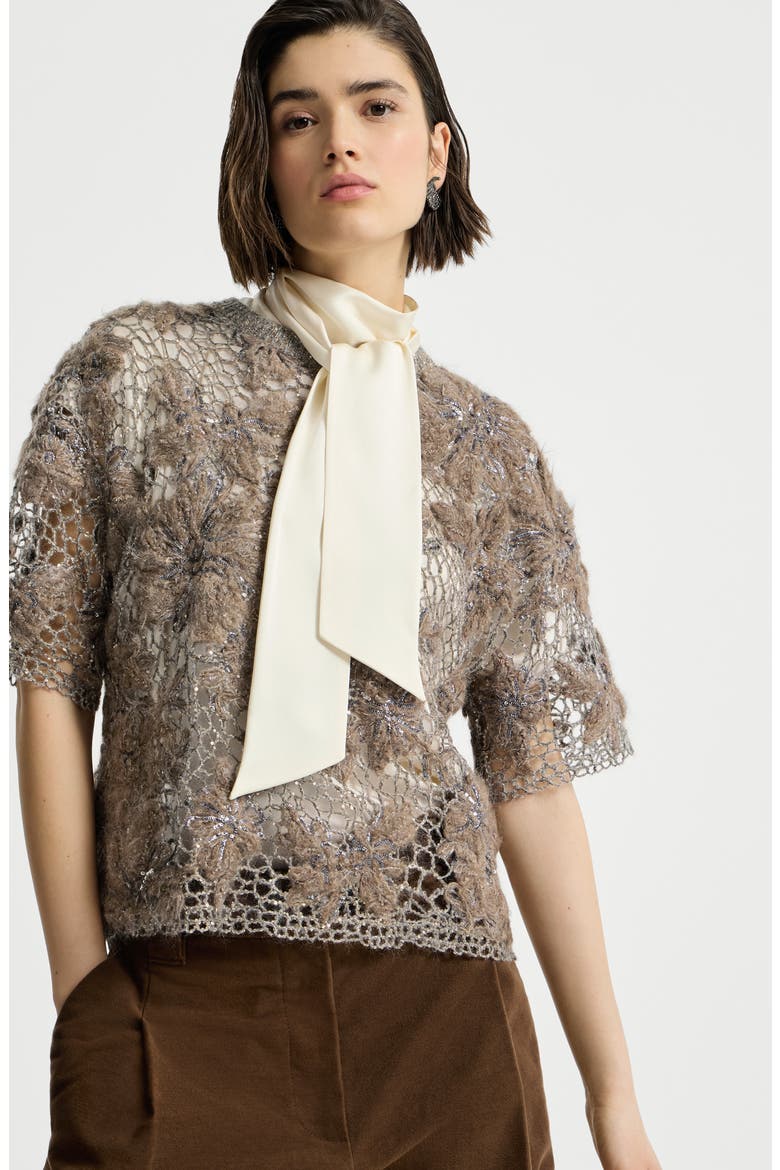 Whispering bloom embroidery knit t-shirt in sparkling mohair and wool, Alternate, color, Pine Cone Brown