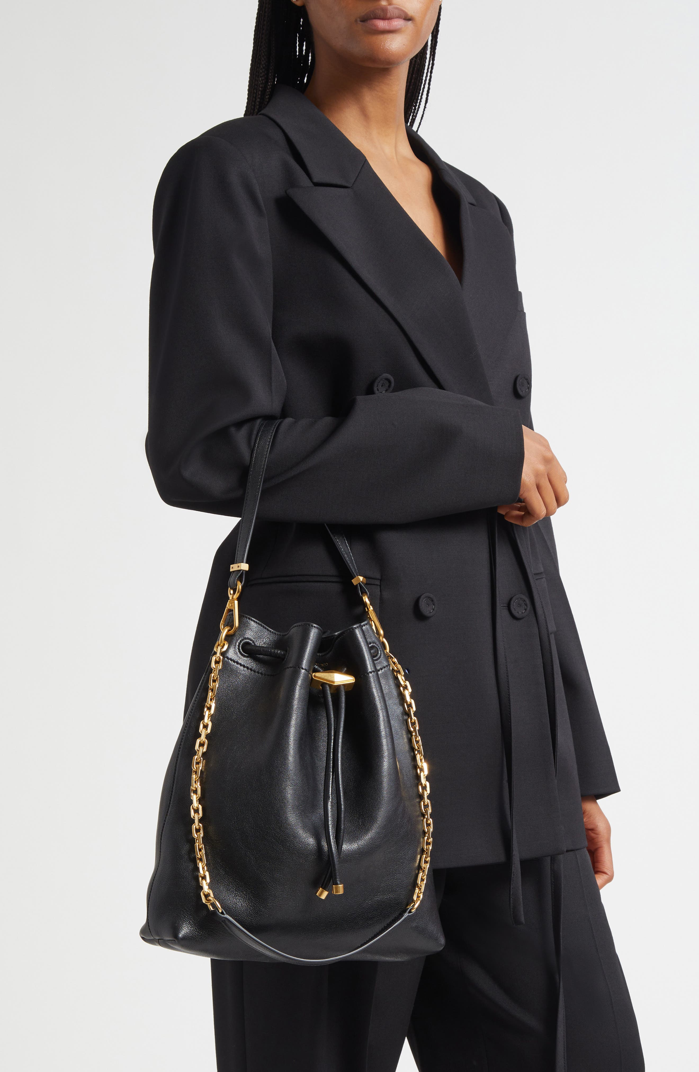 Jimmy Choo Cinch Leather Bucket Bag, Alternate, color, Black/ Gold