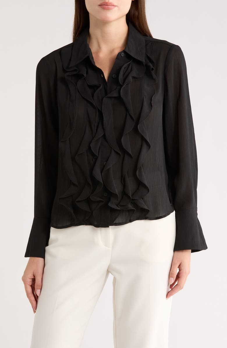 Adrianna Papell Ruffle Front Button-Up Shirt, Main, color, Black