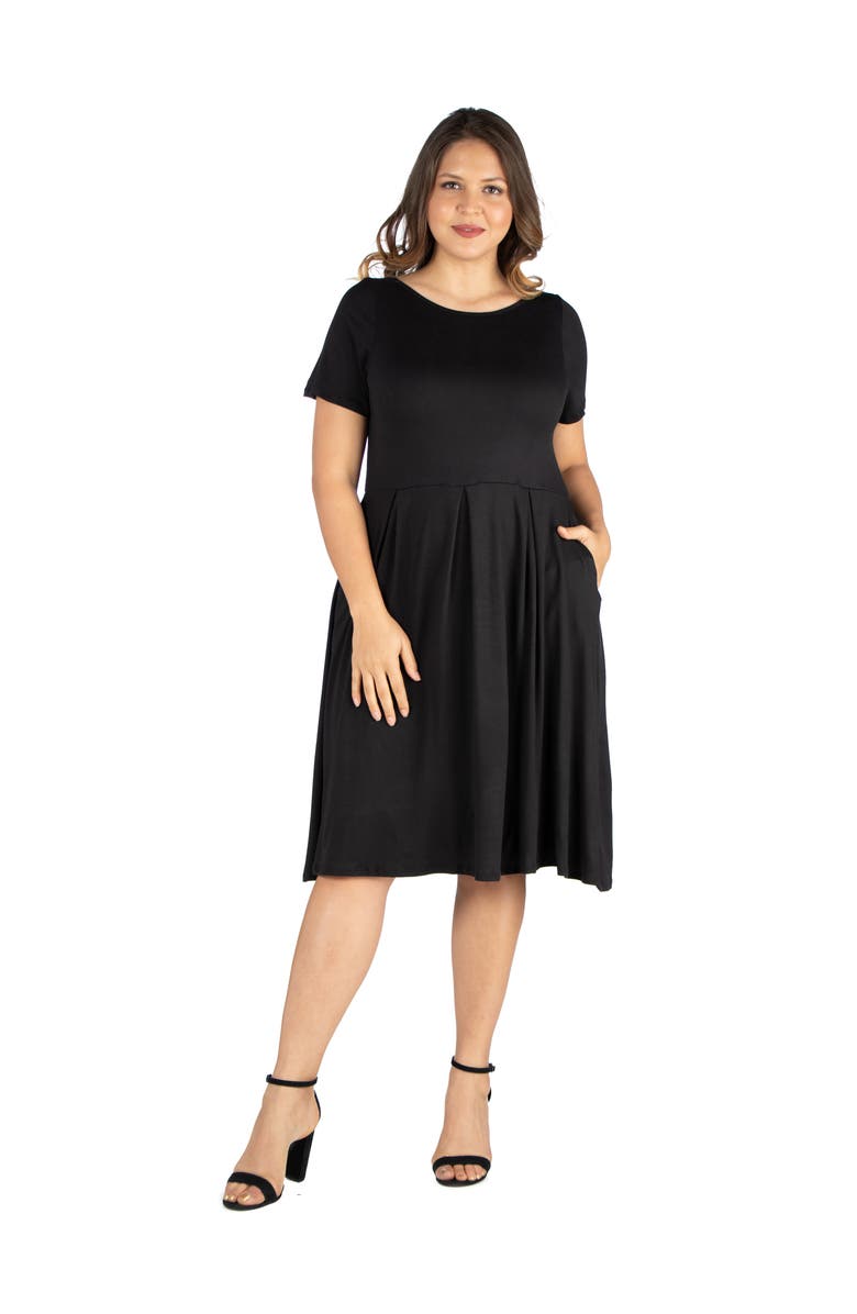 24seven Comfort Apparel Plus Size Short Sleeve Midi Length Pocket Skater Dress, Main, color, Black