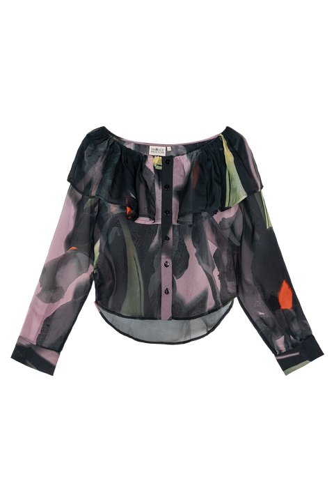 Perennia Ruffle Collar Organza Button-Down Top