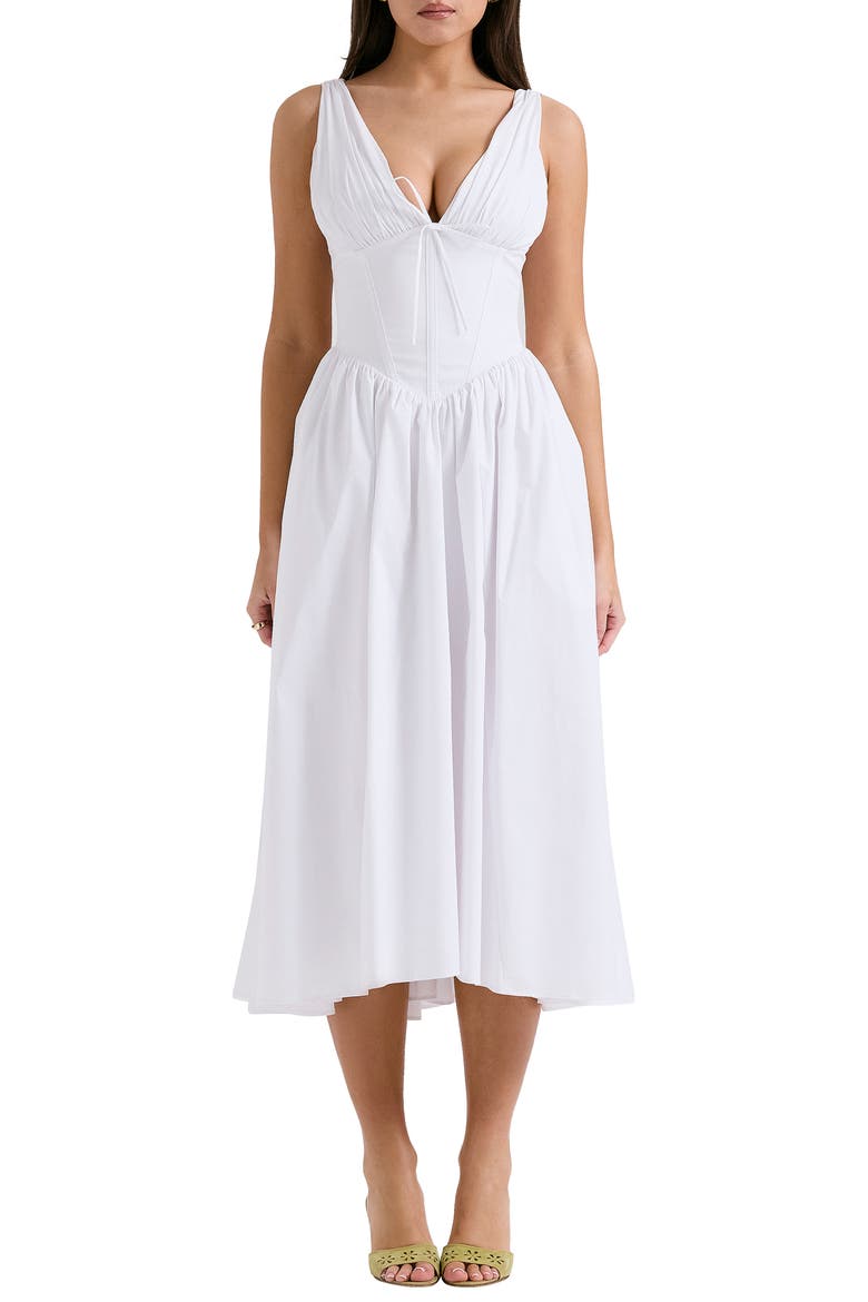 Emmelina Sleeveless Stretch Poplin Midi Dress, Main, color, WHITE