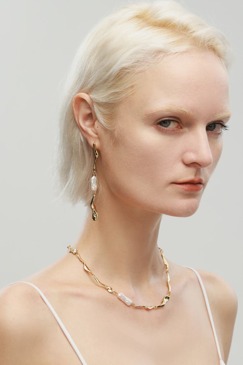 Freshwater Baroque Pearl Molten Necklace, Alternate, color, Gold