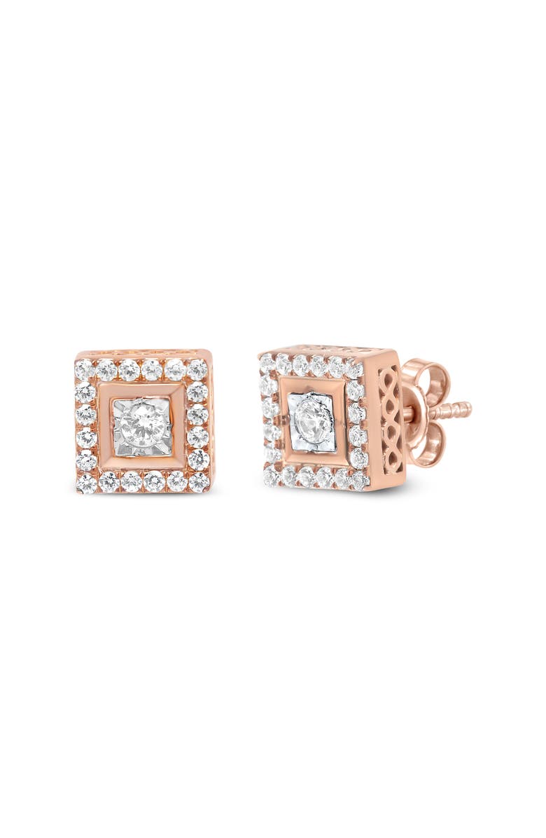Haus of Brilliance 14K Rose Gold Plated Silver 1/2 Ct Diamond Halo Square-Shaped Frame Stud Earring, Main, color, Pink