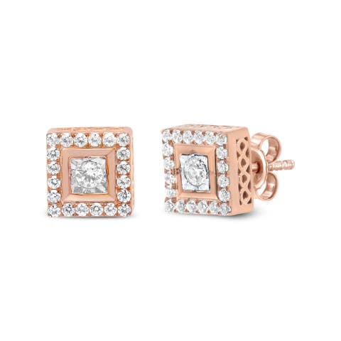 14K Rose Gold Plated Silver 1/2 Ct Diamond Halo Square-Shaped Frame Stud Earring