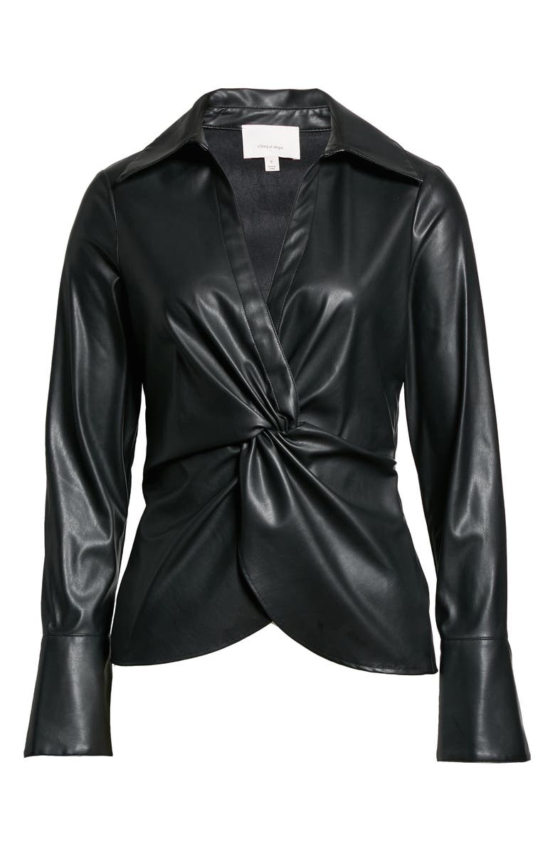 Cinq à Sept McKenna Faux Leather Knot Front Blouse, Alternate, color, 