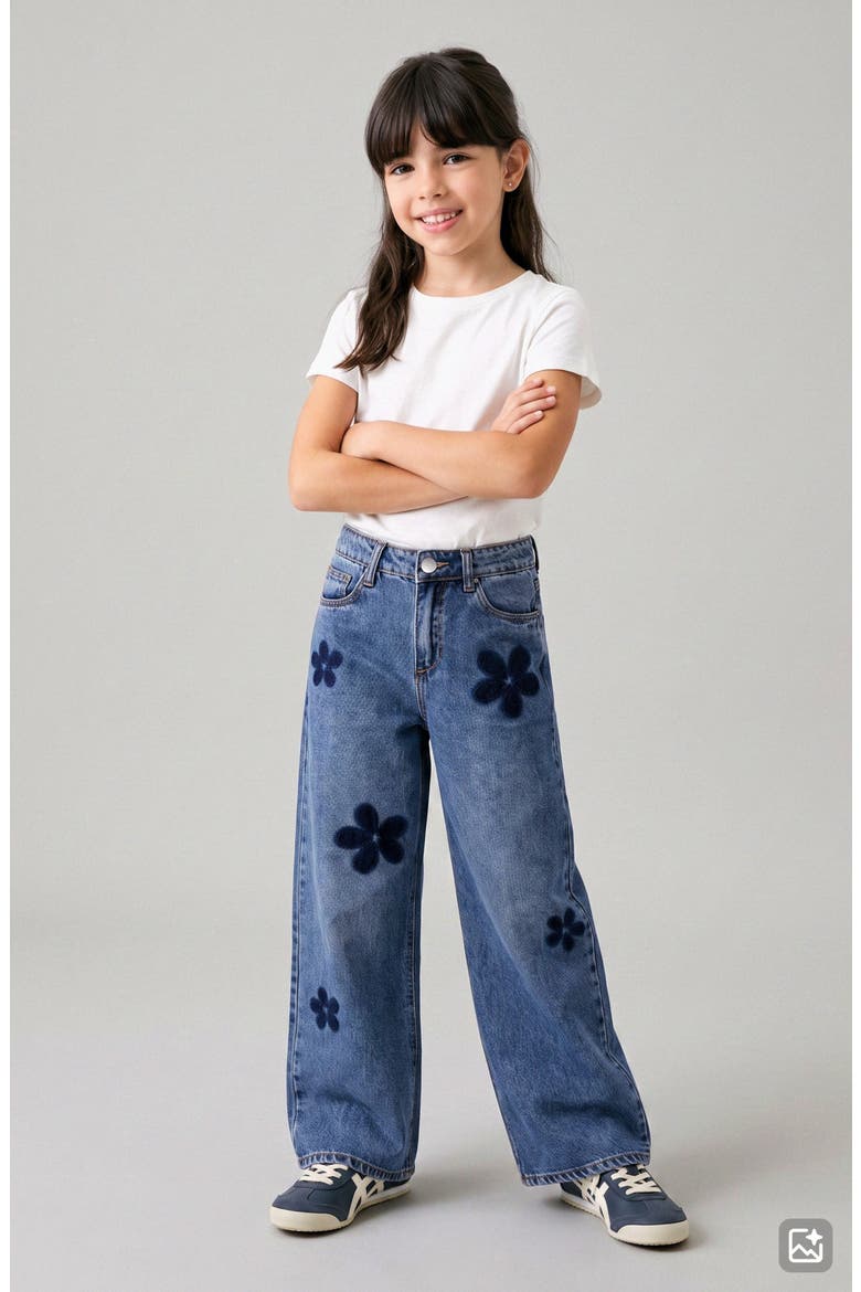 Kids' Kate Floral Baggy Leg Jeans, Alternate, color, MED WASH
