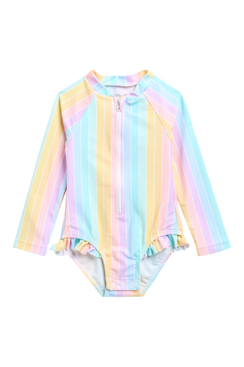 Kids' Multi Stripe Long Sleeve One-Piece Rashguard Swimsuit, Main, color, PINK MULTI