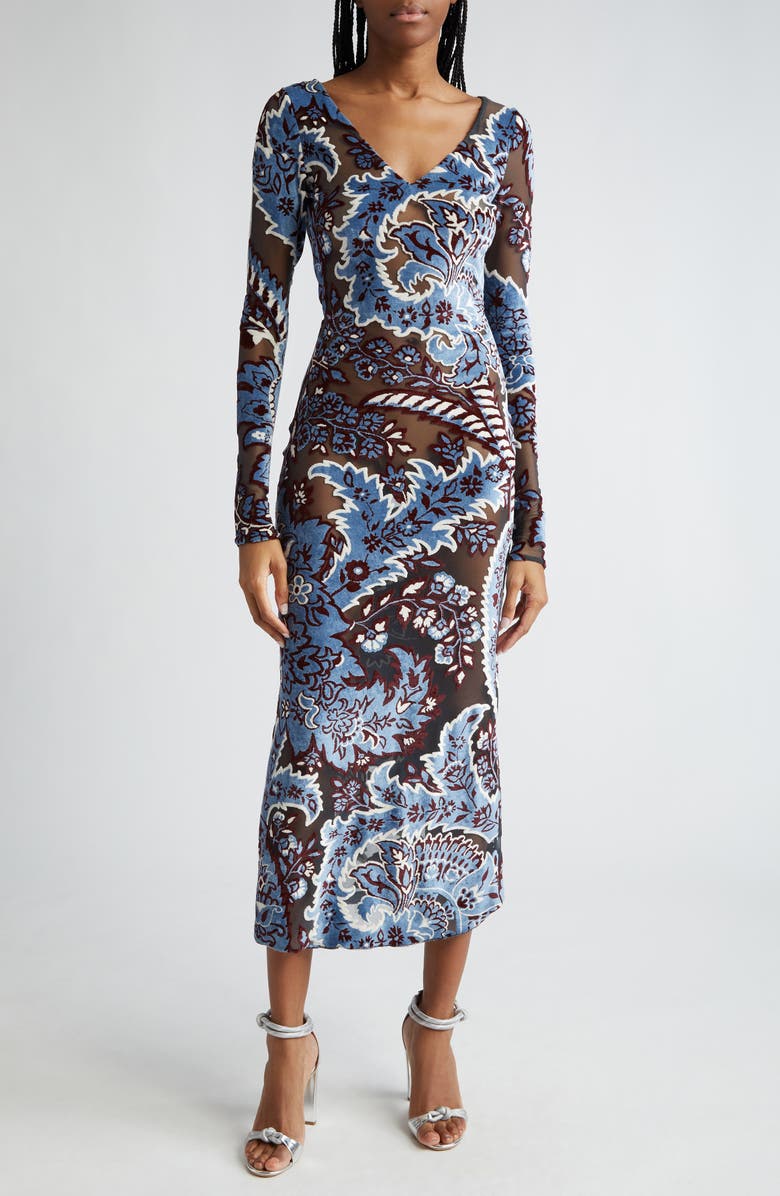 Etro Long Sleeve Tulle & Velvet Maxi Dress, Main, color,