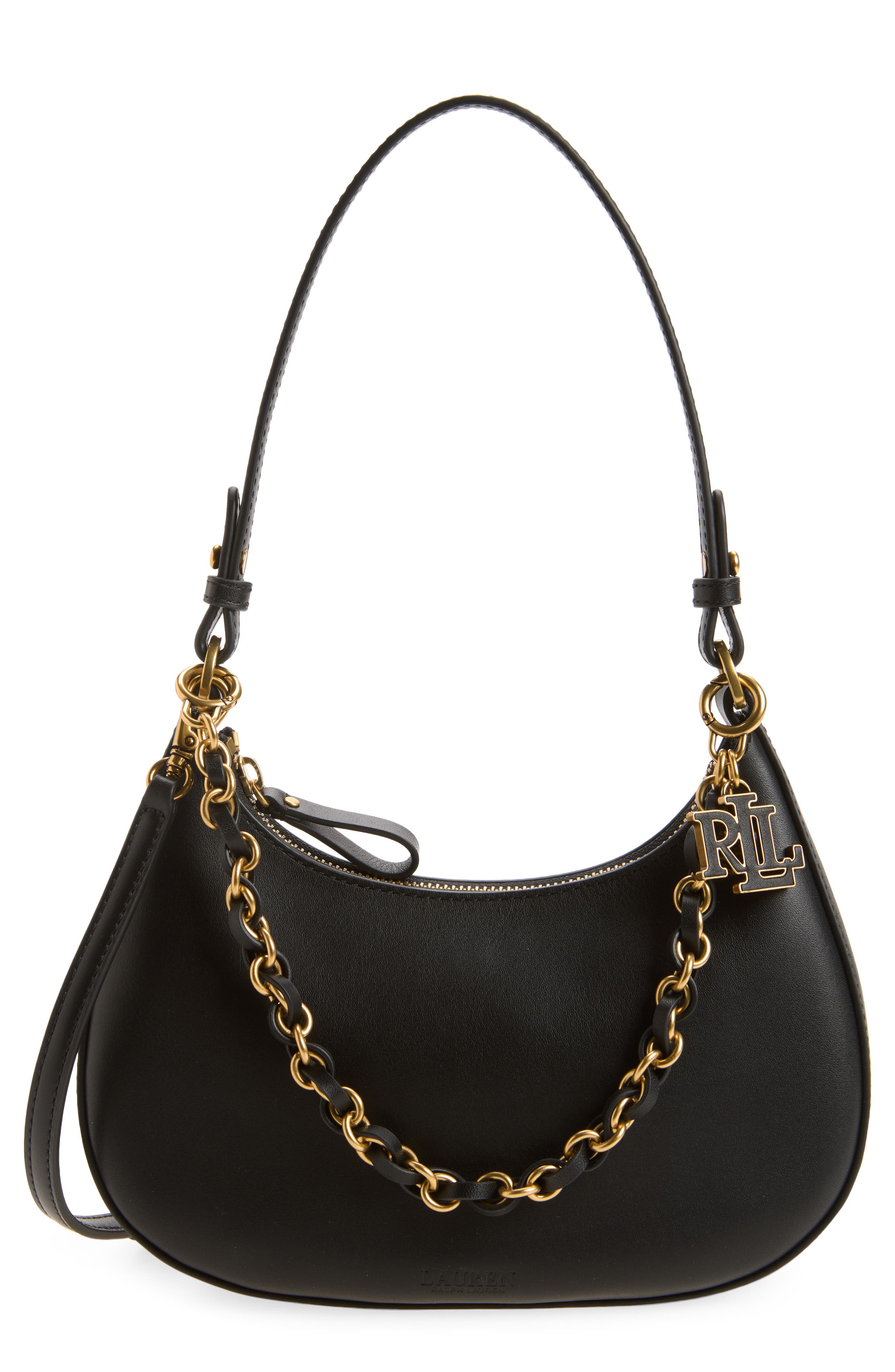 Chain Leather Shoulder Bag, Main, color, BLACK