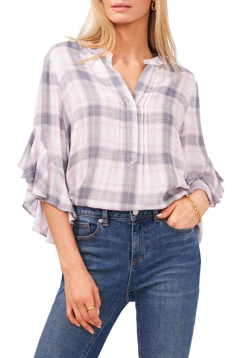 Pintuck Detail Plaid Flutter Sleeve Rumple Blouse, Main, color, PURPLE