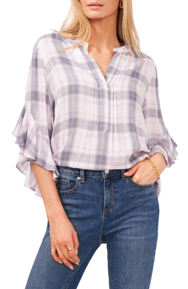 Vince Camuto Pintuck Detail Plaid Flutter Sleeve Rumple Blouse, Main, color, 