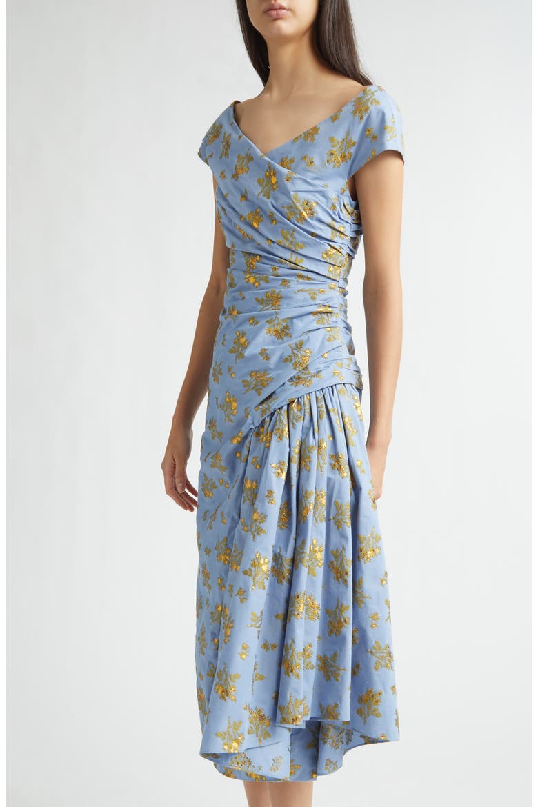 Metallic Floral Ruched Cotton Blend Jacquard Cocktail Dress, Alternate, color, BLUEBELL