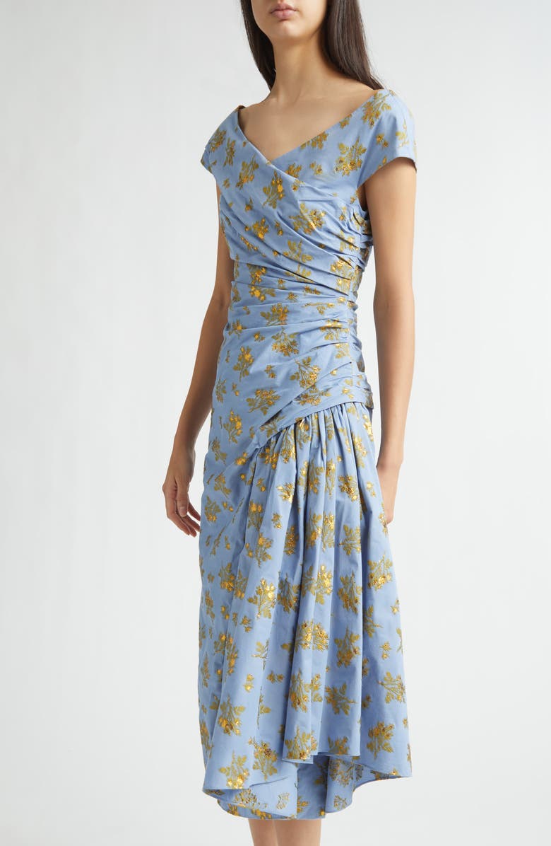 Lela Rose Metallic Floral Ruched Cotton Blend Jacquard Cocktail Dress, Alternate, color, Bluebell