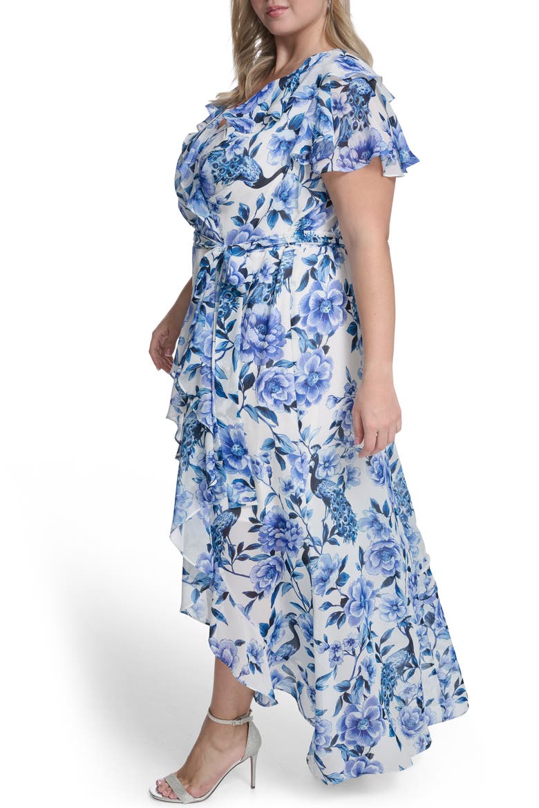 Floral Wrap Bodice Asymmetrical Ruffle Maxi Dress, Alternate, color, IVORY BLUE