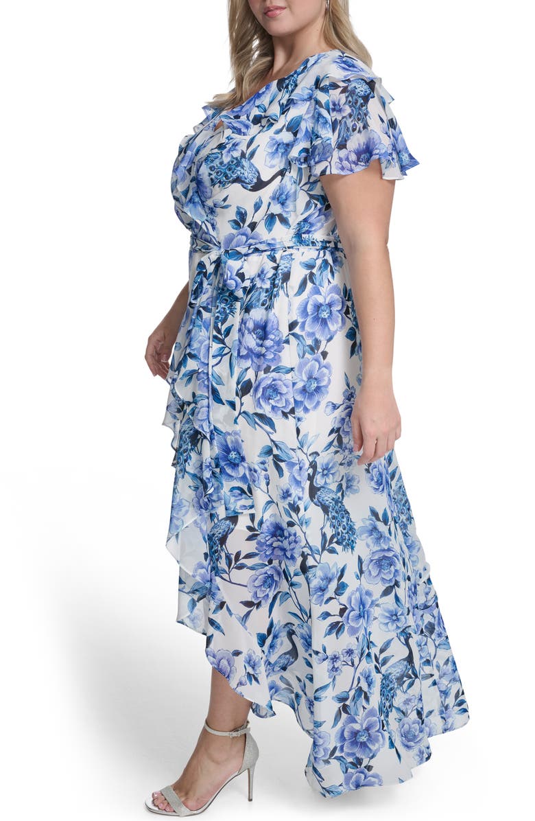 Eliza J Floral Wrap Bodice Asymmetrical Ruffle Maxi Dress, Alternate, color, Ivory Blue