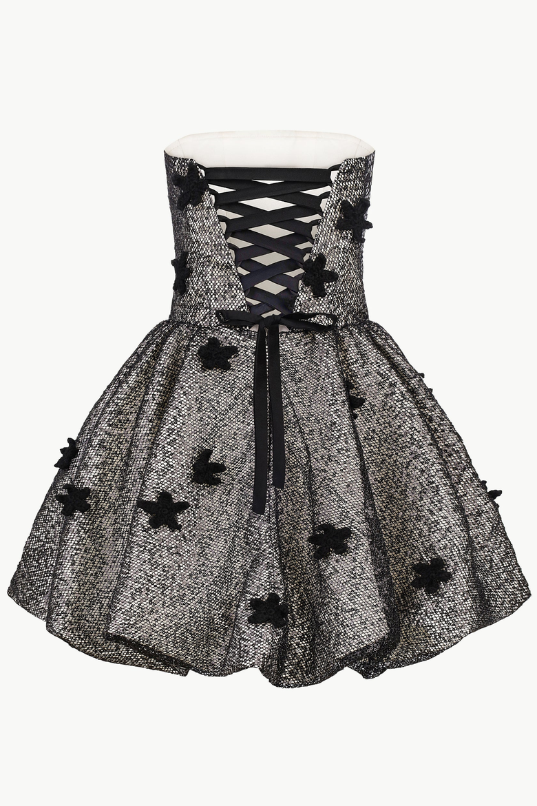 Sequin Balloon-Hem Mini Dress With Crochet Florals, Alternate, color, Black