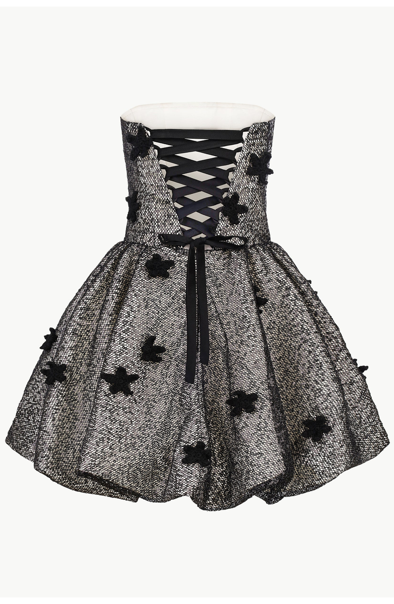 Malva Florea Sequin Balloon-Hem Mini Dress With Crochet Florals, Alternate, color, Black