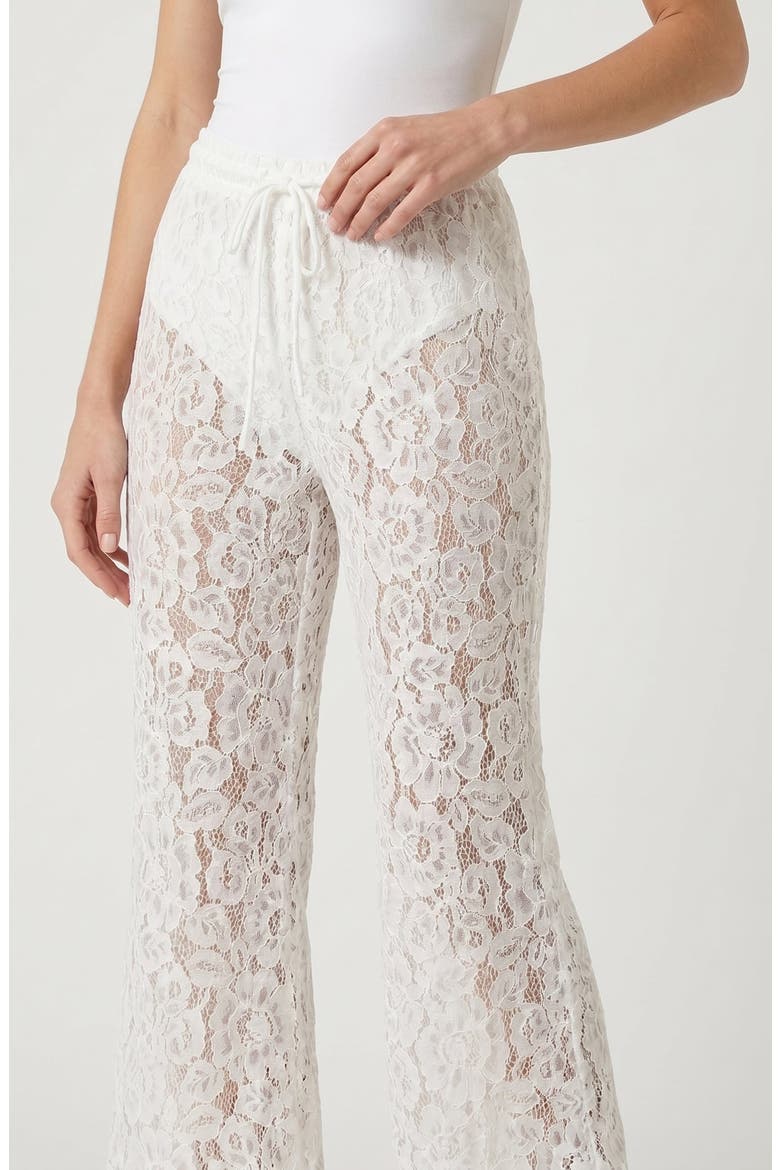 High Waist Lace Pants with Sheer Floral Overlay and Drawstring Waist, Alternate, color, White