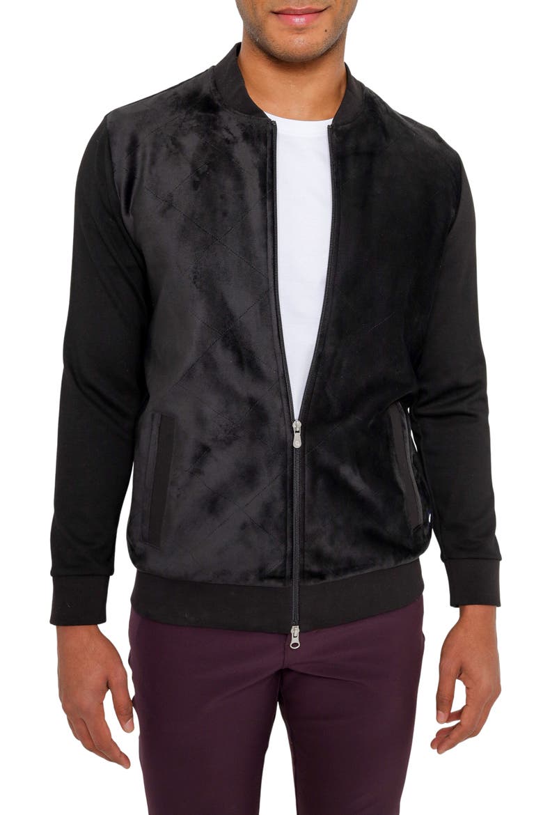 Aragon Velvet Quilted Bomber Sweatshirt, Main, color, BLACK