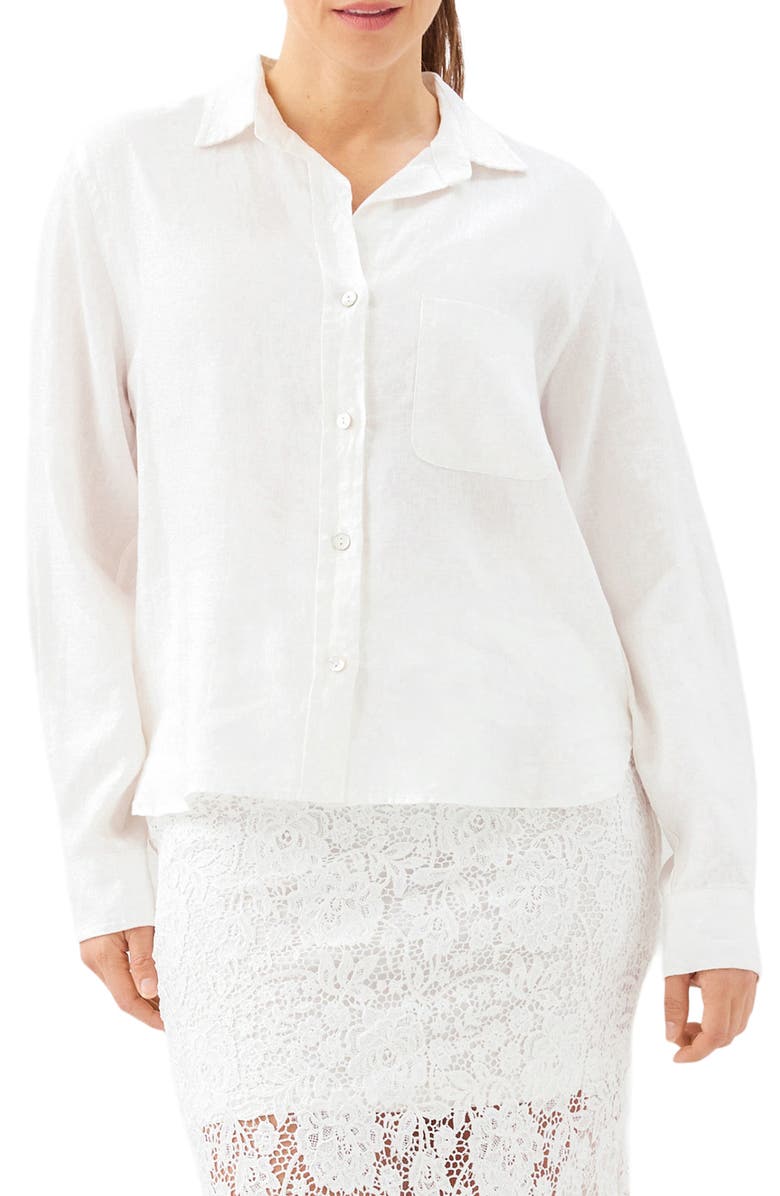 Karen Kane Linen Button-Up Shirt, Main, color, Off White