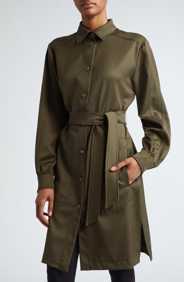 Max Mara Kim Long Sleeve Silk Belted Shirtdress, Alternate, color, Kaki