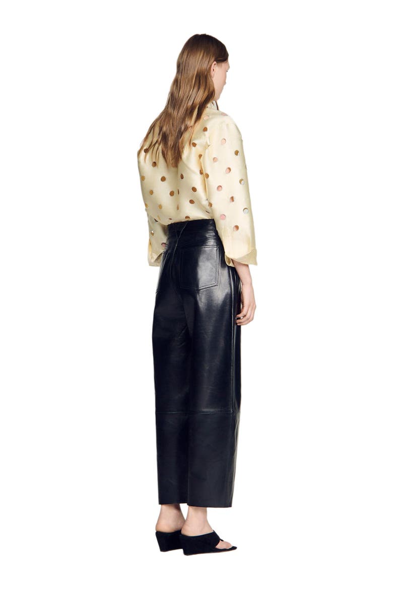 Leather barrel-leg trousers, Alternate, color, Black