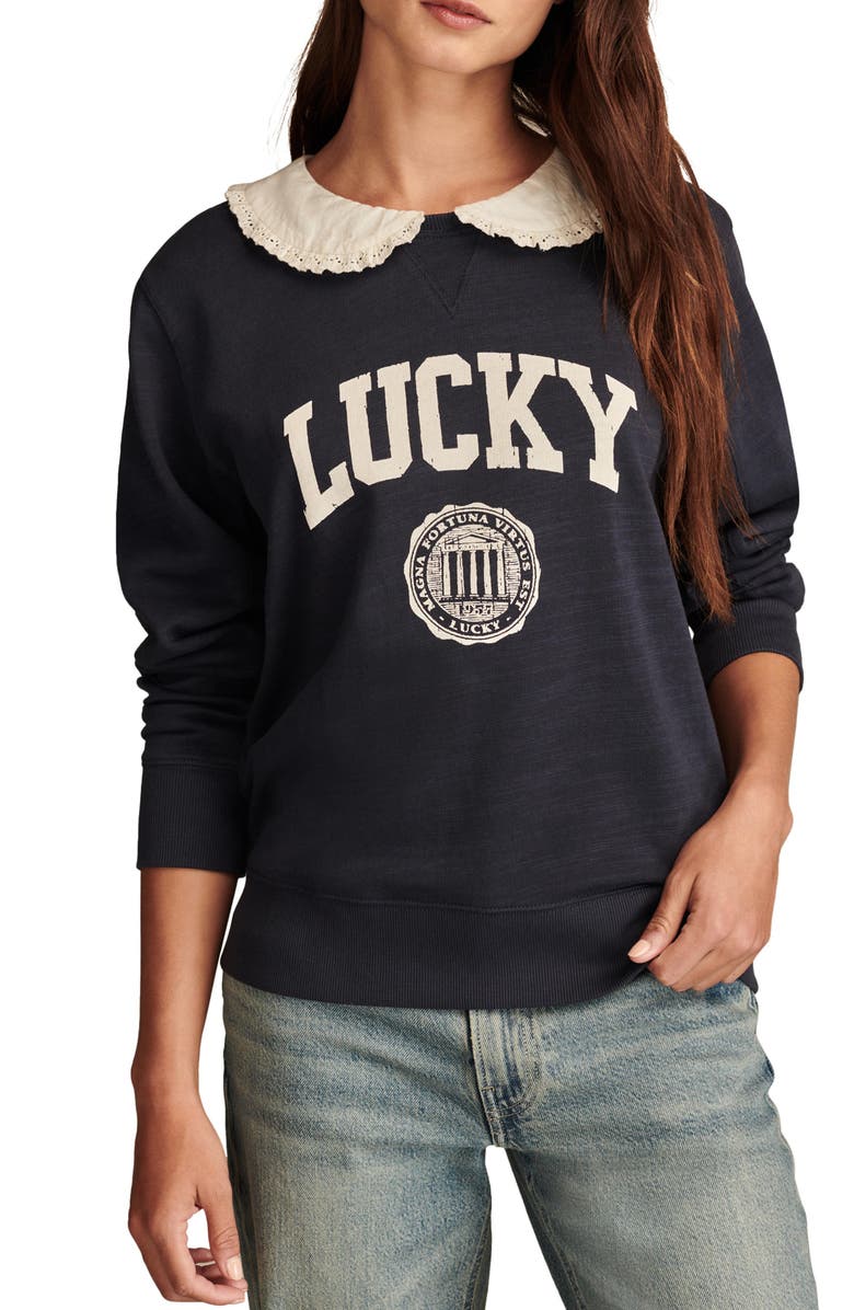 Lucky Brand Peter Pan Collar Cotton Graphic Sweatshirt, Main, color, 