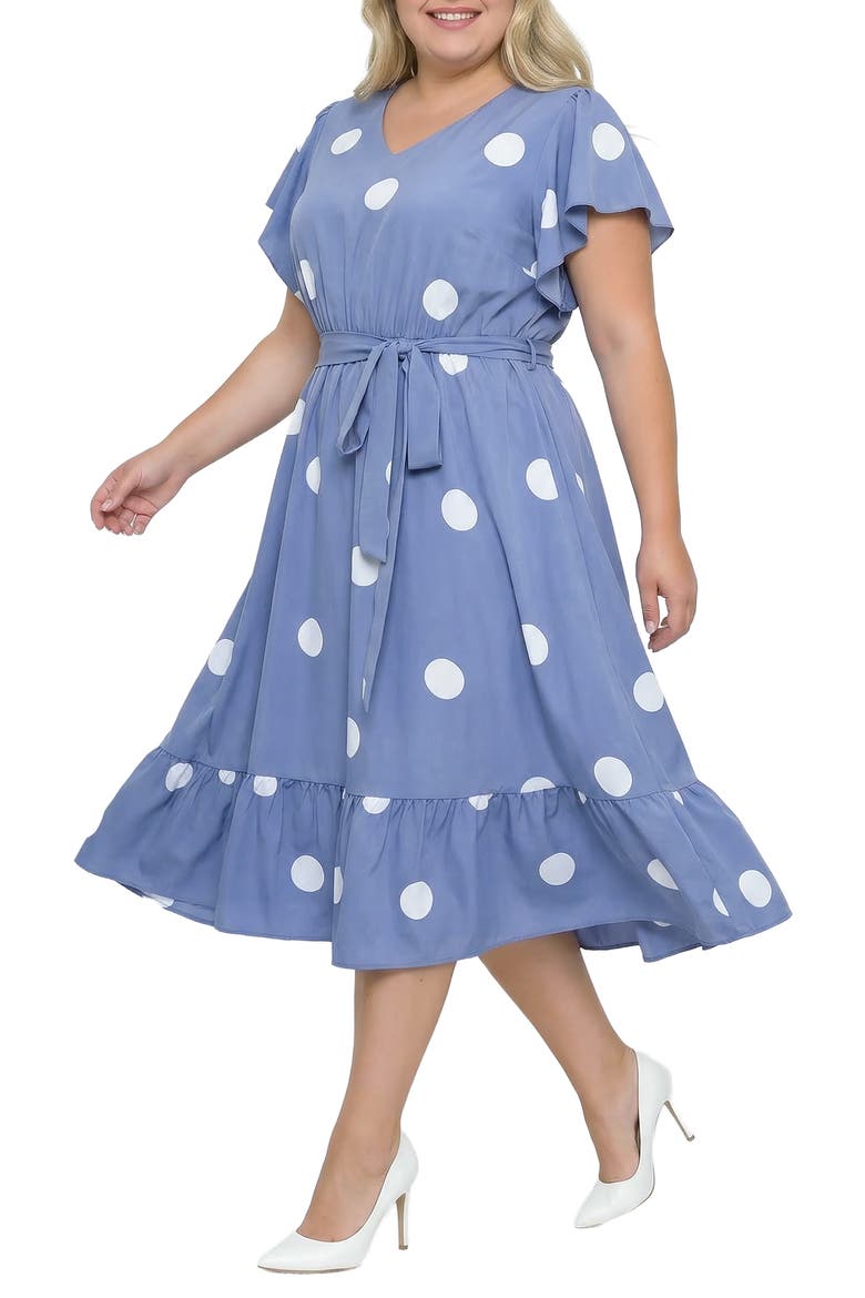 Polka Dot Belted Midi Dress, Alternate, color, BLUE