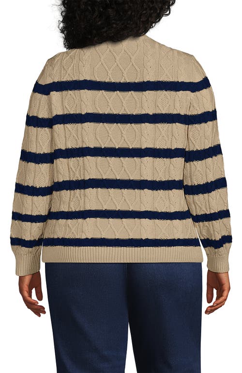 Lands' End Plus Size Aran Cable Crew Neck Sweater In Champagne/deep Sea Gulf Stripe