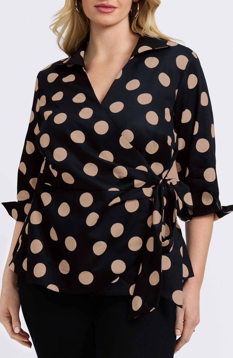 Foxcroft Salina Polka Dot Cotton Wrap Top, Main, color, Black/ Almond