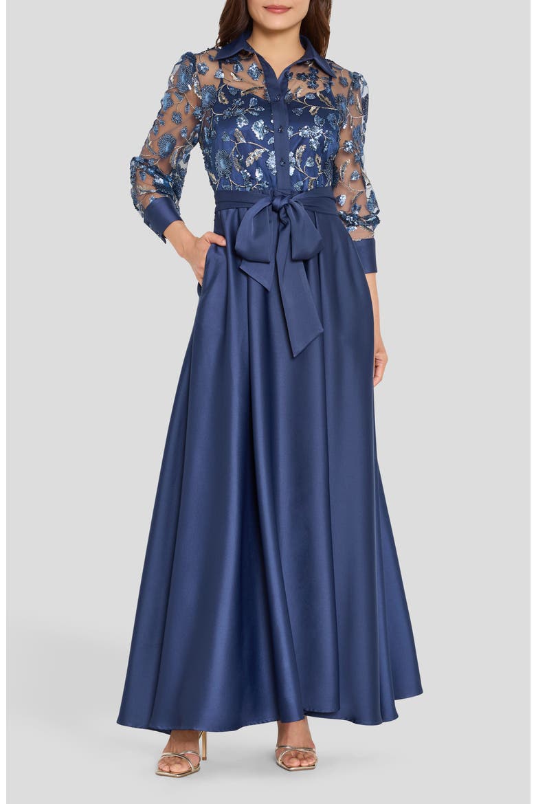 Sequin Long Sleeve Gown, Main, color, MARINE