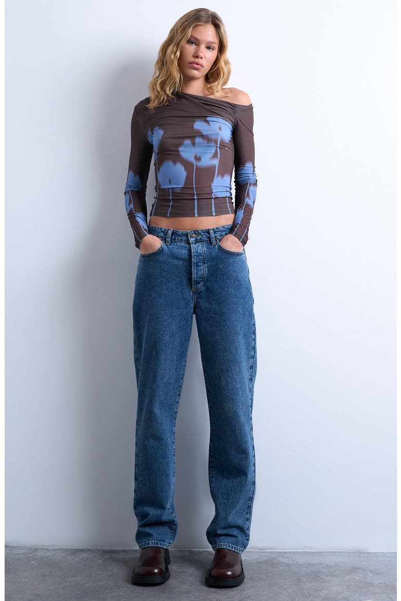 Floral Ruched One-Shoulder Top, Alternate, color, BROWN
