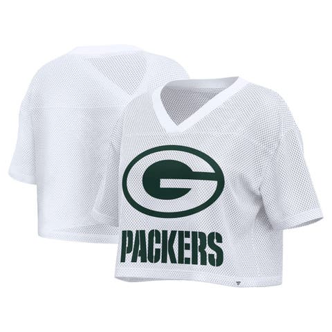 Women's Fanatics White Green Bay Packers Oversized Mesh Cropped V-Neck Jersey