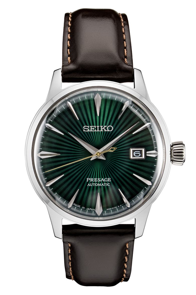 Presage Automatic Leather Strap Watch, 40.5mm, Main, color, GREEN