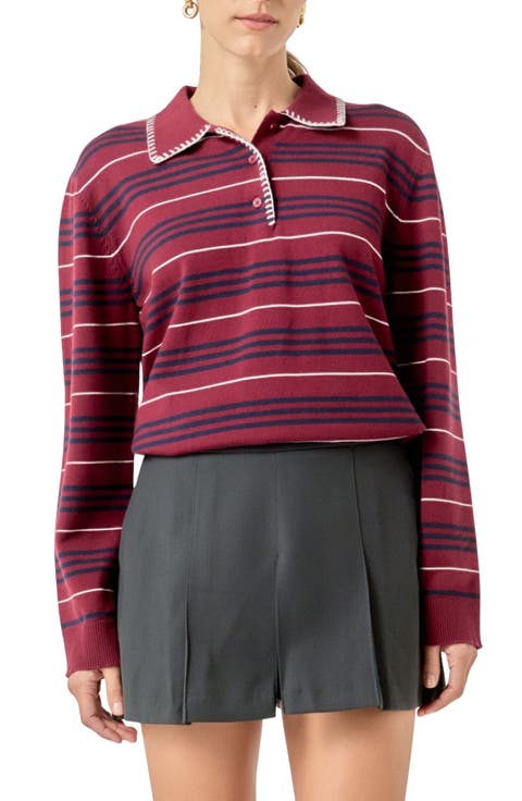 Striped Long Sleeve Knit Polo