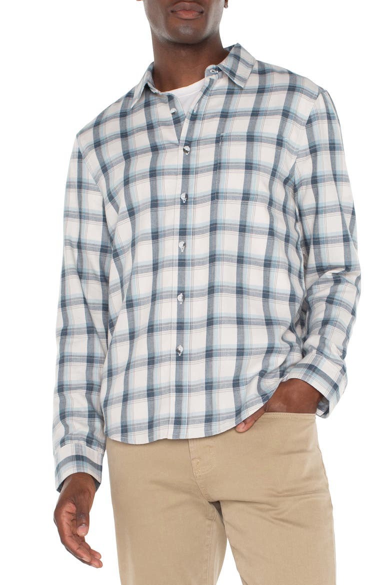 Plaid Button-Up Shirt, Main, color, PUTTY/ BLUE/ GREY